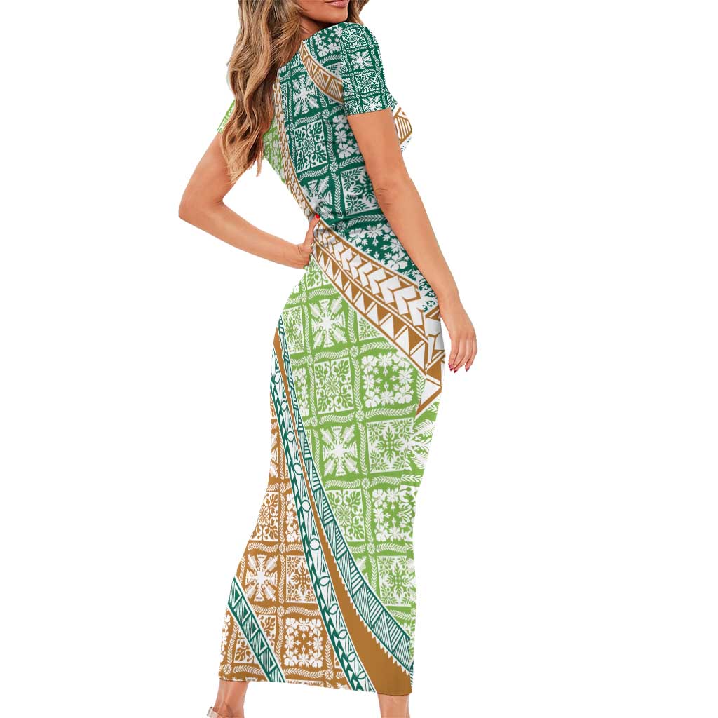 Hawaiian Quilt Pattern Family Matching Short Sleeve Bodycon Dress and Hawaiian Shirt Green Chestnut Color Mixed - Polynesian Pride