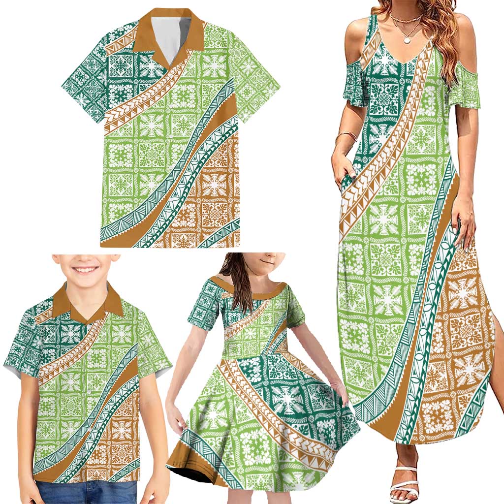 Hawaiian Quilt Pattern Family Matching Summer Maxi Dress and Hawaiian Shirt Green Chestnut Color Mixed - Polynesian Pride
