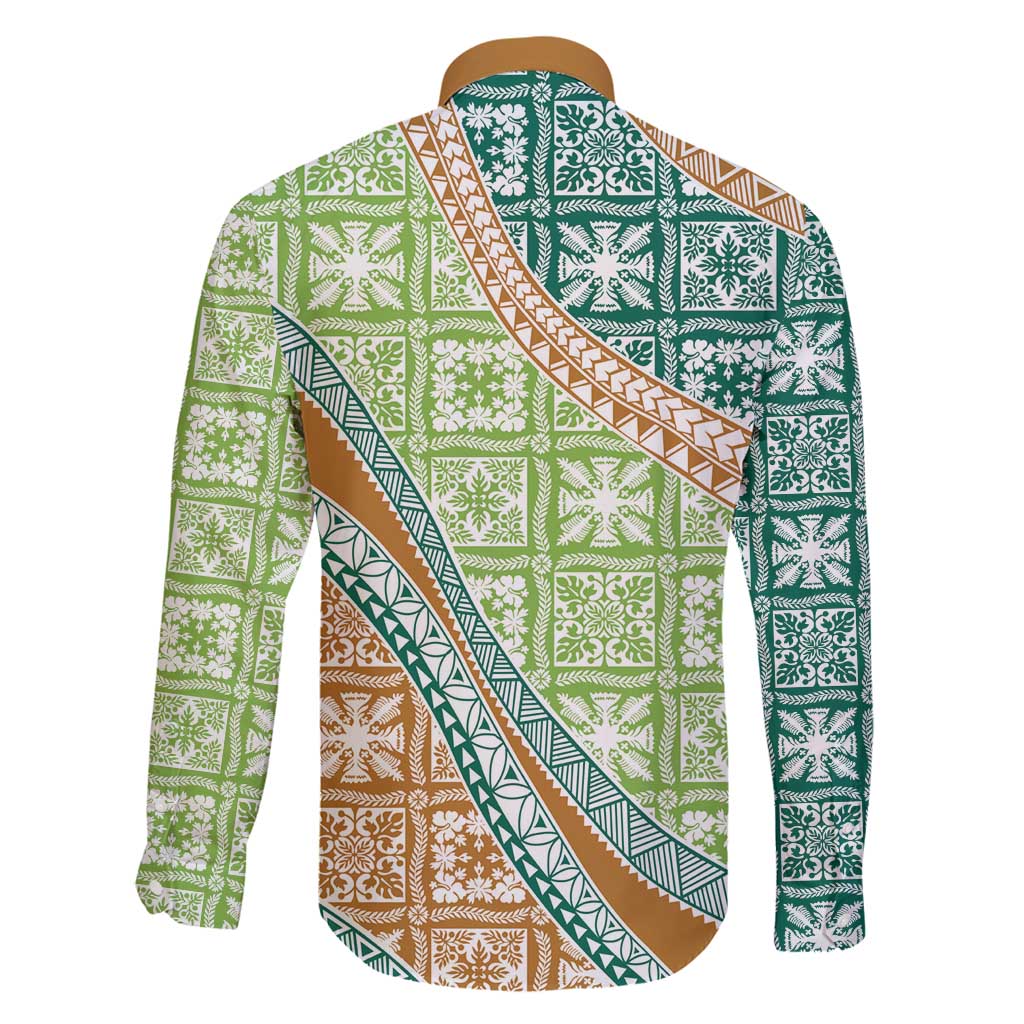 Hawaiian Quilt Pattern Family Matching Tank Maxi Dress and Hawaiian Shirt Green Chestnut Color Mixed - Polynesian Pride