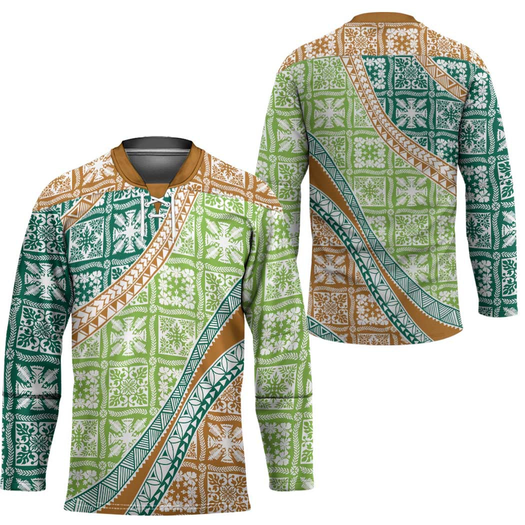 Hawaiian Quilt Pattern Hockey Jersey Green Chestnut Color Mixed - Polynesian Pride