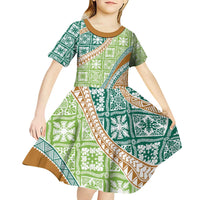 Hawaiian Quilt Pattern Kid Short Sleeve Dress Green Chestnut Color Mixed - Polynesian Pride