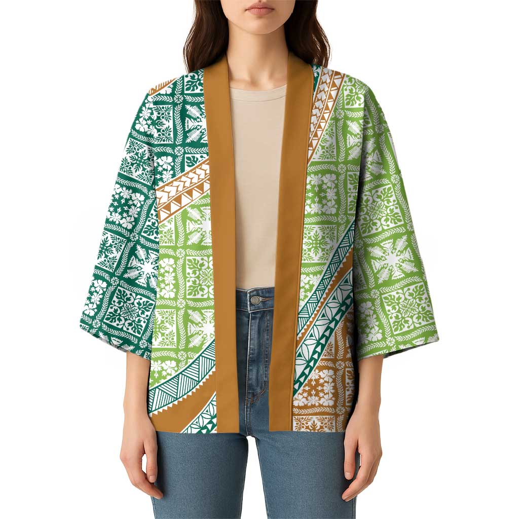 Hawaiian Quilt Pattern Kimono Green Chestnut Color Mixed - Polynesian Pride
