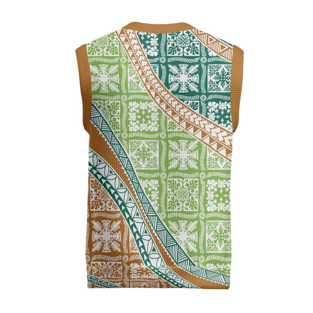 Hawaiian Quilt Pattern Christmas Knitted V-Neck Vest Green Chestnut Color Mixed - Polynesian Pride