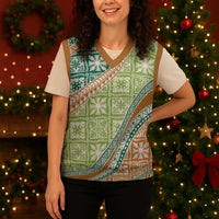 Hawaiian Quilt Pattern Christmas Knitted V-Neck Vest Green Chestnut Color Mixed - Polynesian Pride