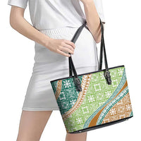 Hawaiian Quilt Pattern Leather Tote Bag Green Chestnut Color Mixed - Polynesian Pride