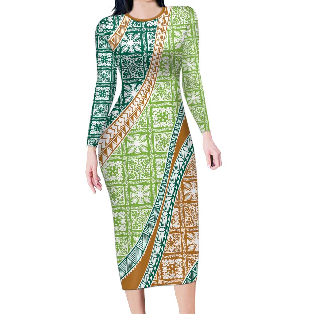 Hawaiian Quilt Pattern Long Sleeve Bodycon Dress Green Chestnut Color Mixed - Polynesian Pride