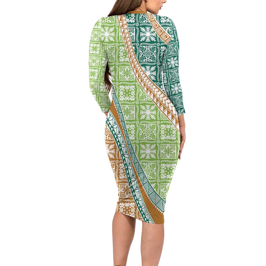Hawaiian Quilt Pattern Long Sleeve Bodycon Dress Green Chestnut Color Mixed - Polynesian Pride