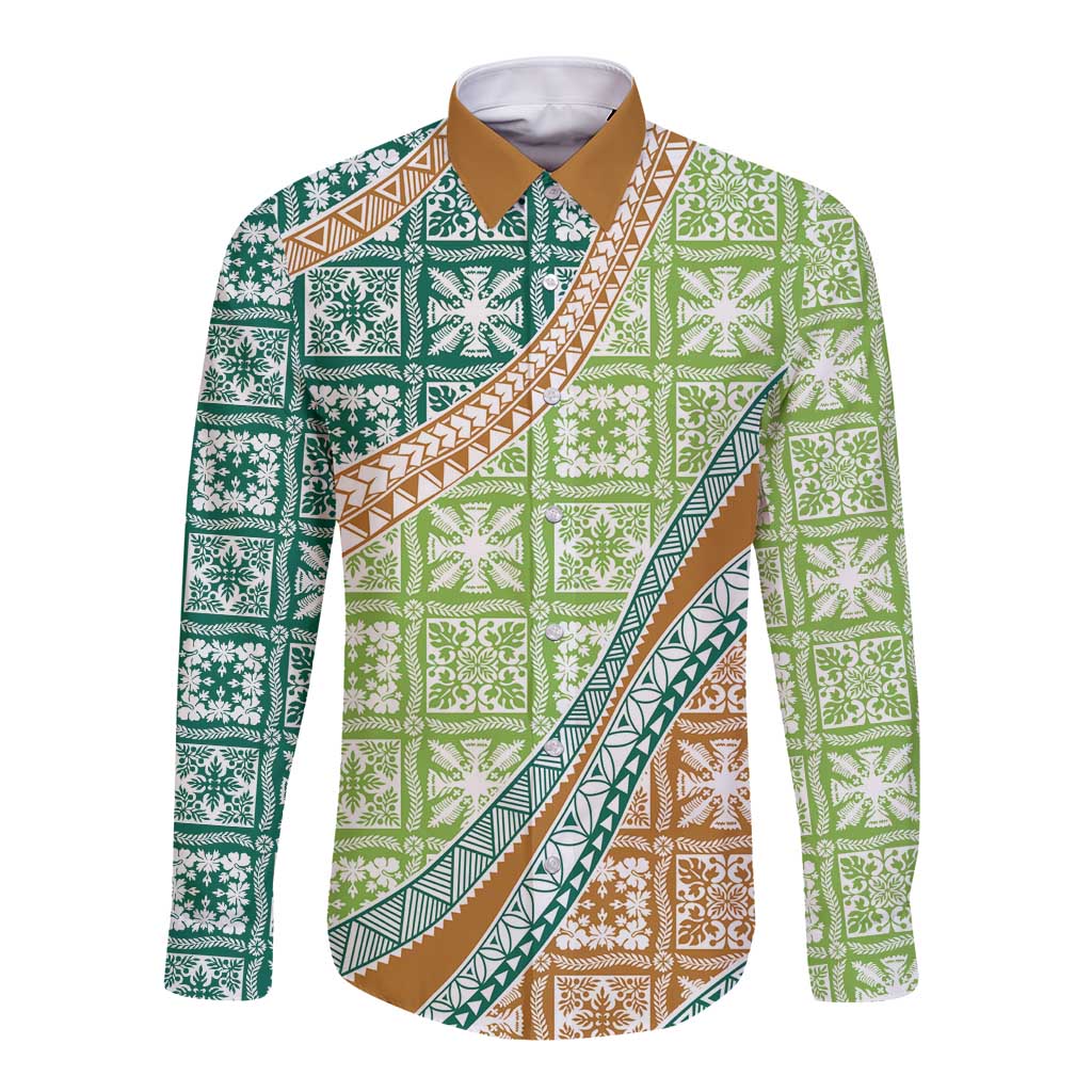 Hawaiian Quilt Pattern Long Sleeve Button Shirt Green Chestnut Color Mixed - Polynesian Pride
