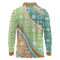 Hawaiian Quilt Pattern Long Sleeve Polo Shirt Green Chestnut Color Mixed - Polynesian Pride