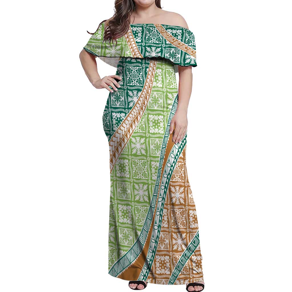 Hawaiian Quilt Pattern Off Shoulder Maxi Dress Green Chestnut Color Mixed - Polynesian Pride
