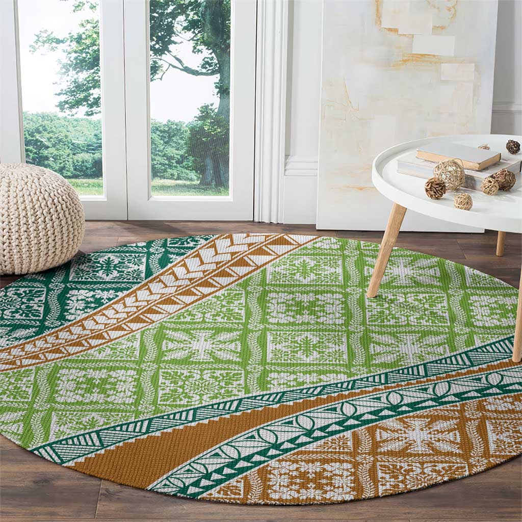 Hawaiian Quilt Pattern Round Carpet Green Chestnut Color Mixed - Polynesian Pride