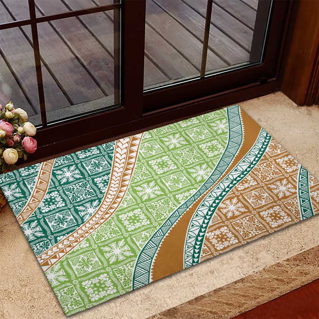 Hawaiian Quilt Pattern Rubber Doormat Green Chestnut Color Mixed - Polynesian Pride