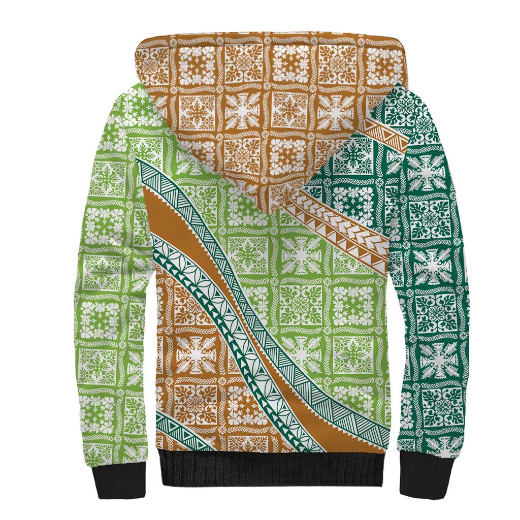 Hawaiian Quilt Pattern Sherpa Hoodie Green Chestnut Color Mixed - Polynesian Pride