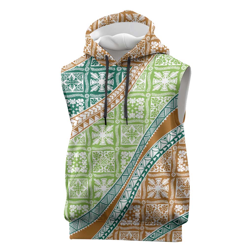 Hawaiian Quilt Pattern Sleeveless Hoodie Green Chestnut Color Mixed - Polynesian Pride