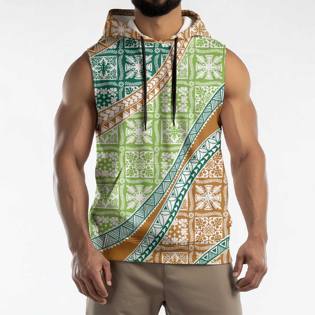 Hawaiian Quilt Pattern Sleeveless Hoodie Green Chestnut Color Mixed - Polynesian Pride