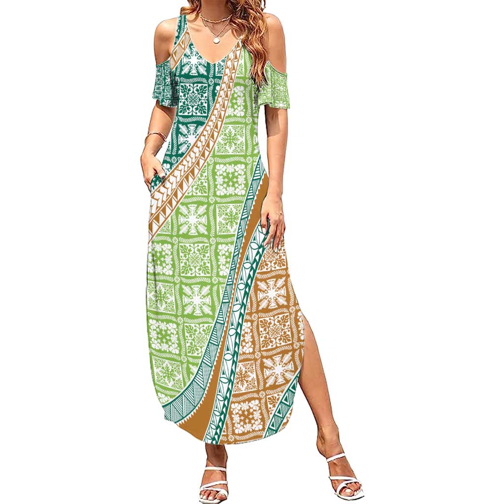 Hawaiian Quilt Pattern Summer Maxi Dress Green Chestnut Color Mixed - Polynesian Pride
