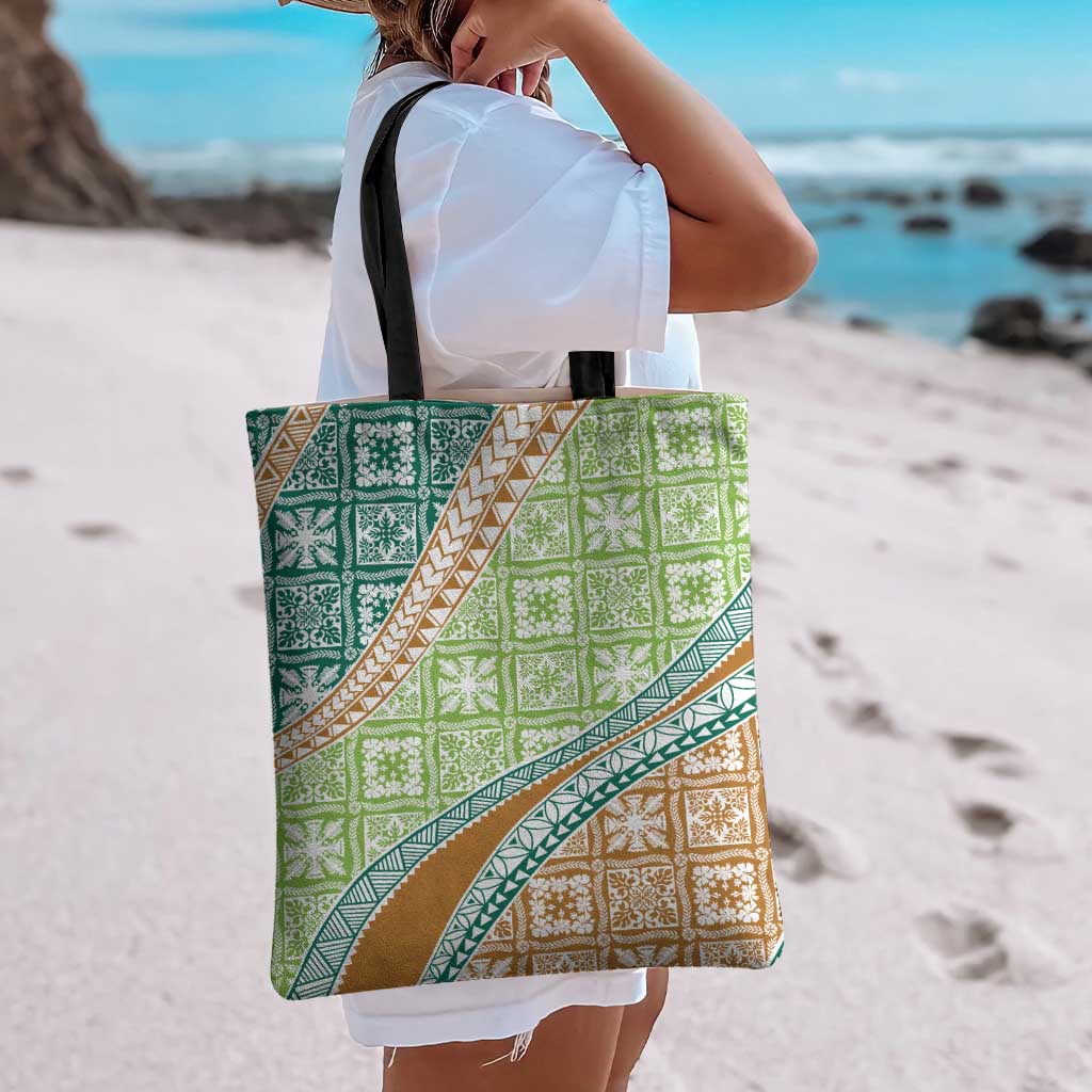 Hawaiian Quilt Pattern Tote Bag Green Chestnut Color Mixed - Polynesian Pride