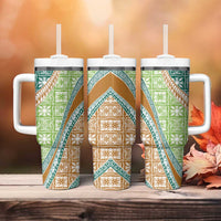 Hawaiian Quilt Pattern Tumbler With Handle Green Chestnut Color Mixed - Polynesian Pride