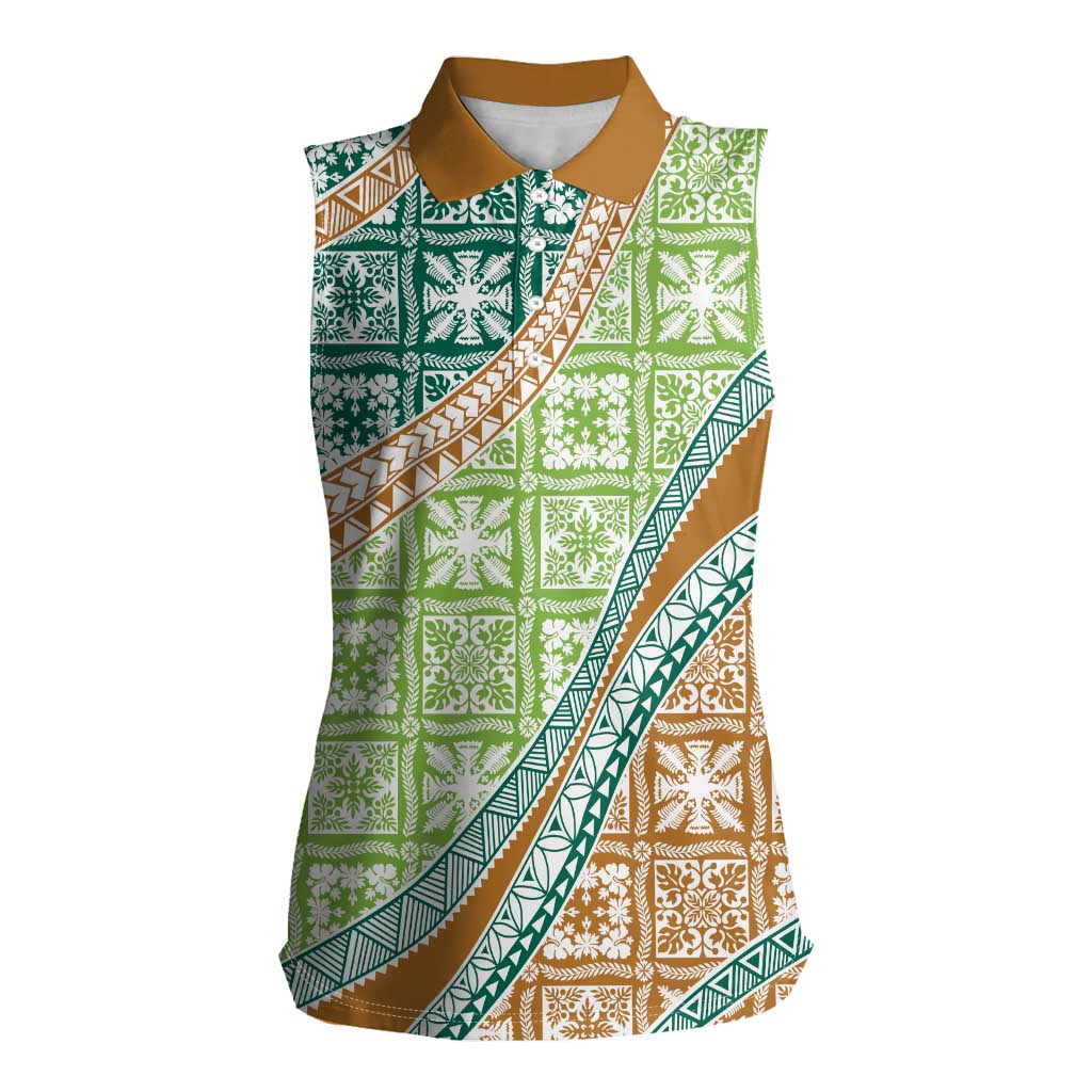 Hawaiian Quilt Pattern Women Sleeveless Polo Shirt Green Chestnut Color Mixed - Polynesian Pride