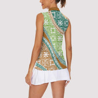 Hawaiian Quilt Pattern Women Sleeveless Polo Shirt Green Chestnut Color Mixed - Polynesian Pride