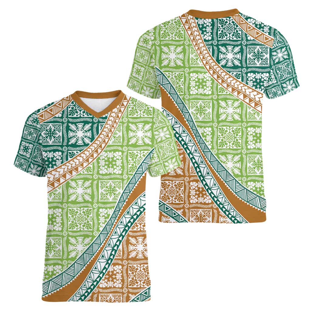 Hawaiian Quilt Pattern Women V-Neck T-Shirt Green Chestnut Color Mixed - Polynesian Pride