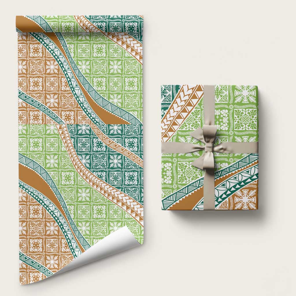 Hawaiian Quilt Pattern Wrapping Paper Green Chestnut Color Mixed - Polynesian Pride