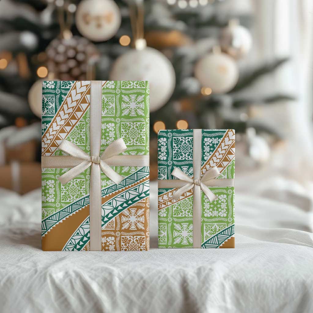 Hawaiian Quilt Pattern Wrapping Paper Green Chestnut Color Mixed - Polynesian Pride