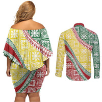 Hawaiian Quilt Pattern Couples Matching Off Shoulder Short Dress and Long Sleeve Button Shirt Special Color Mixed - Polynesian Pride