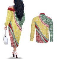 Hawaiian Quilt Pattern Couples Matching Off The Shoulder Long Sleeve Dress and Long Sleeve Button Shirt Special Color Mixed - Polynesian Pride