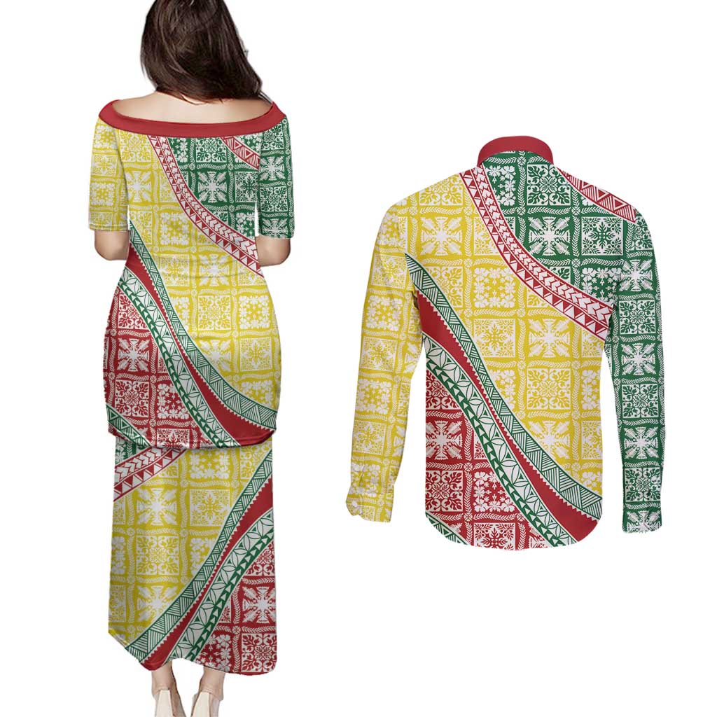 Hawaiian Quilt Pattern Couples Matching Puletasi and Long Sleeve Button Shirt Special Color Mixed - Polynesian Pride