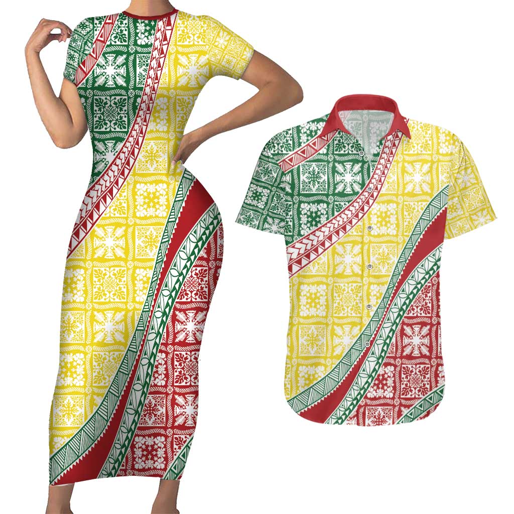 Hawaiian Quilt Pattern Couples Matching Short Sleeve Bodycon Dress and Hawaiian Shirt Special Color Mixed - Polynesian Pride
