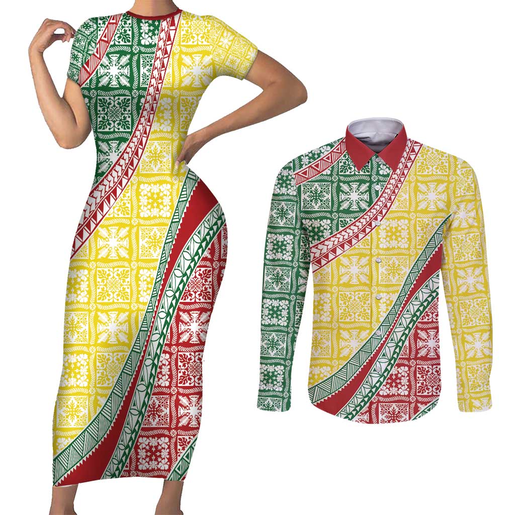 Hawaiian Quilt Pattern Couples Matching Short Sleeve Bodycon Dress and Long Sleeve Button Shirt Special Color Mixed - Polynesian Pride