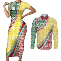 Hawaiian Quilt Pattern Couples Matching Short Sleeve Bodycon Dress and Long Sleeve Button Shirt Special Color Mixed - Polynesian Pride