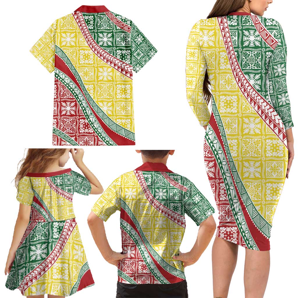 Hawaiian Quilt Pattern Family Matching Long Sleeve Bodycon Dress and Hawaiian Shirt Special Color Mixed - Polynesian Pride