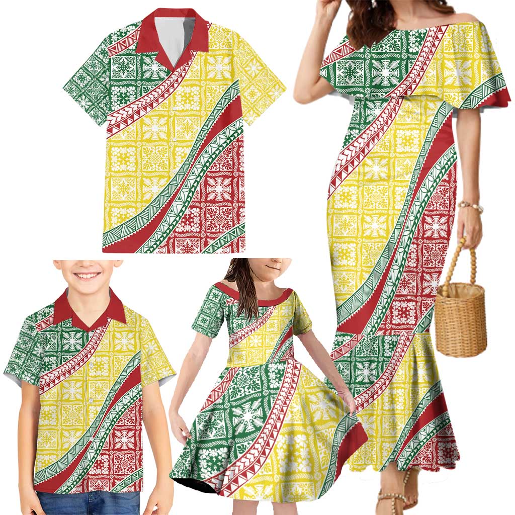 Hawaiian Quilt Pattern Family Matching Mermaid Dress and Hawaiian Shirt Special Color Mixed - Polynesian Pride