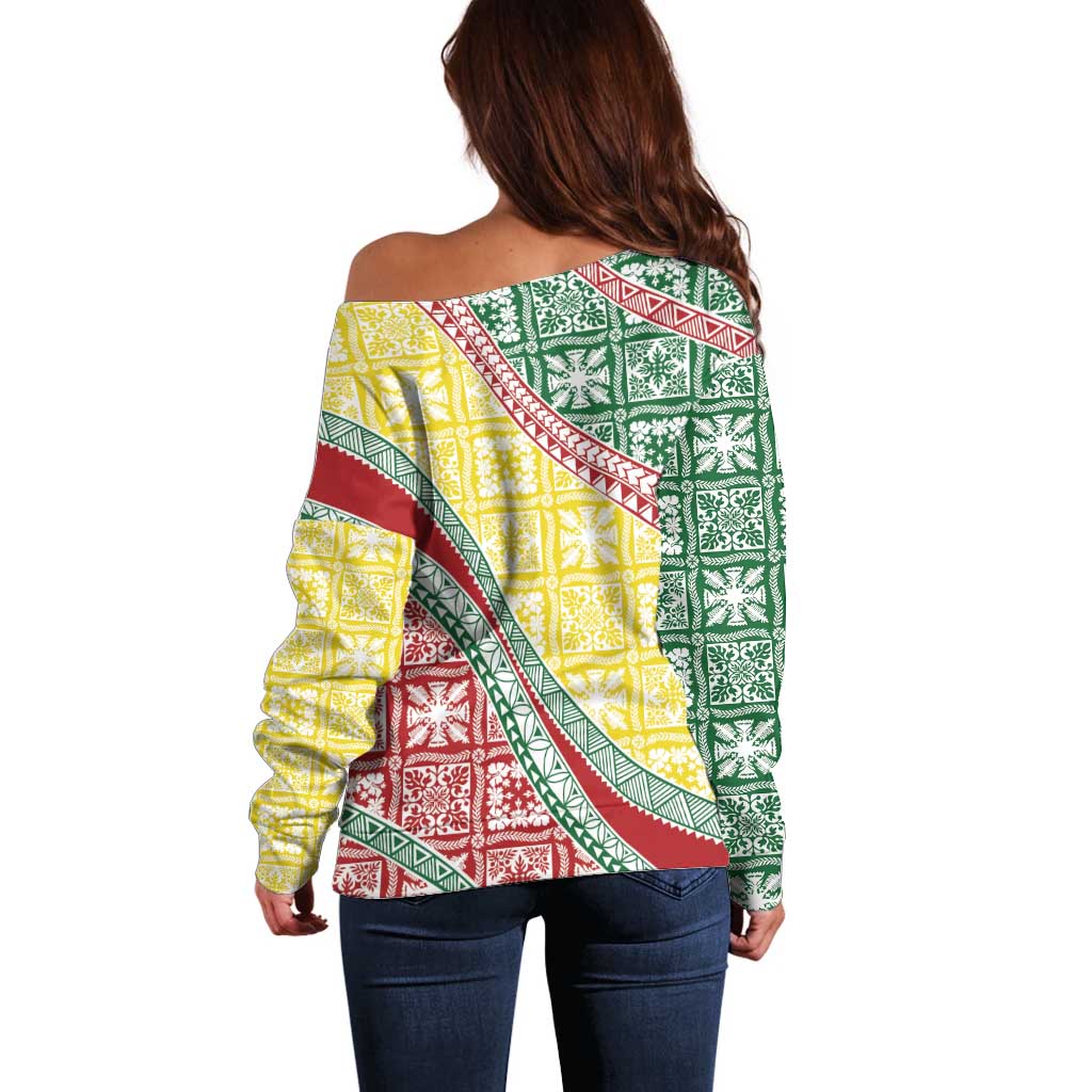 Hawaiian Quilt Pattern Off Shoulder Sweater Special Color Mixed - Polynesian Pride