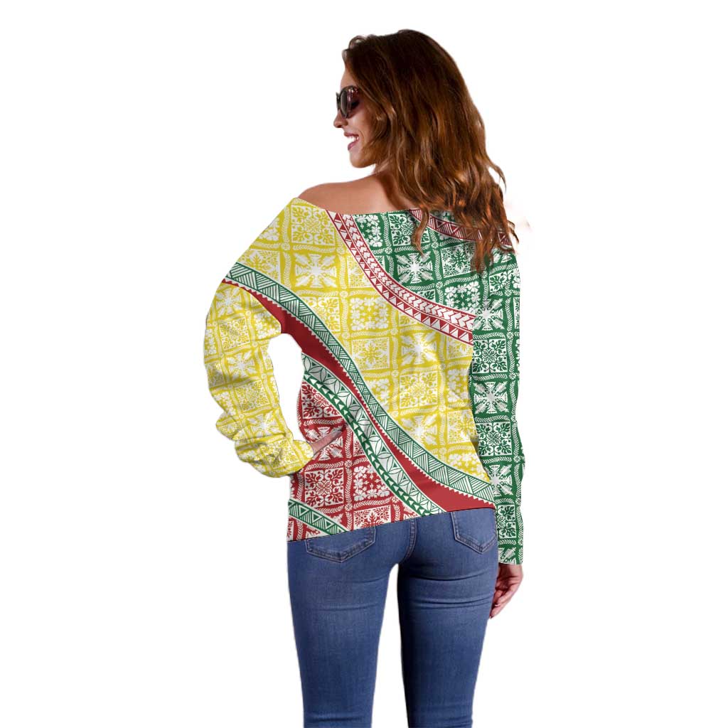 Hawaiian Quilt Pattern Off Shoulder Sweater Special Color Mixed - Polynesian Pride