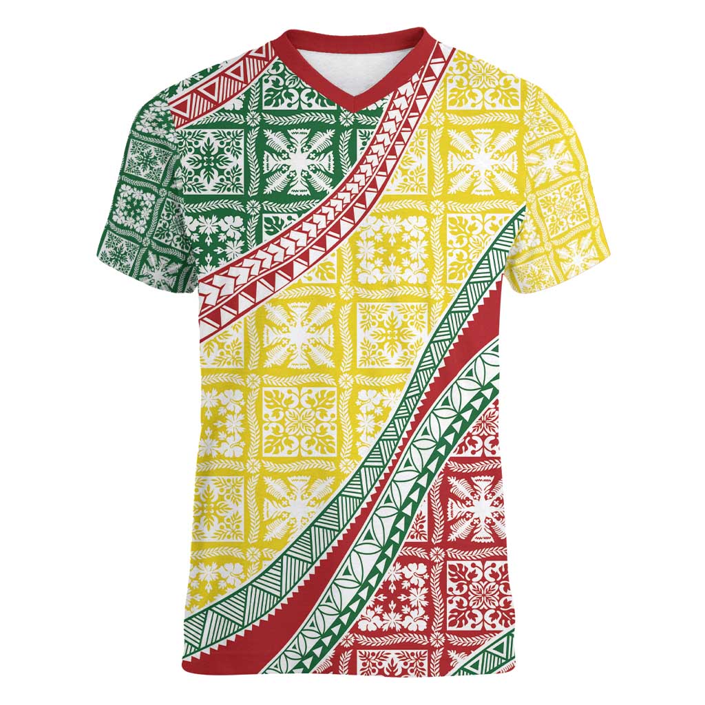 Hawaiian Quilt Pattern Women V-Neck T-Shirt Special Color Mixed - Polynesian Pride