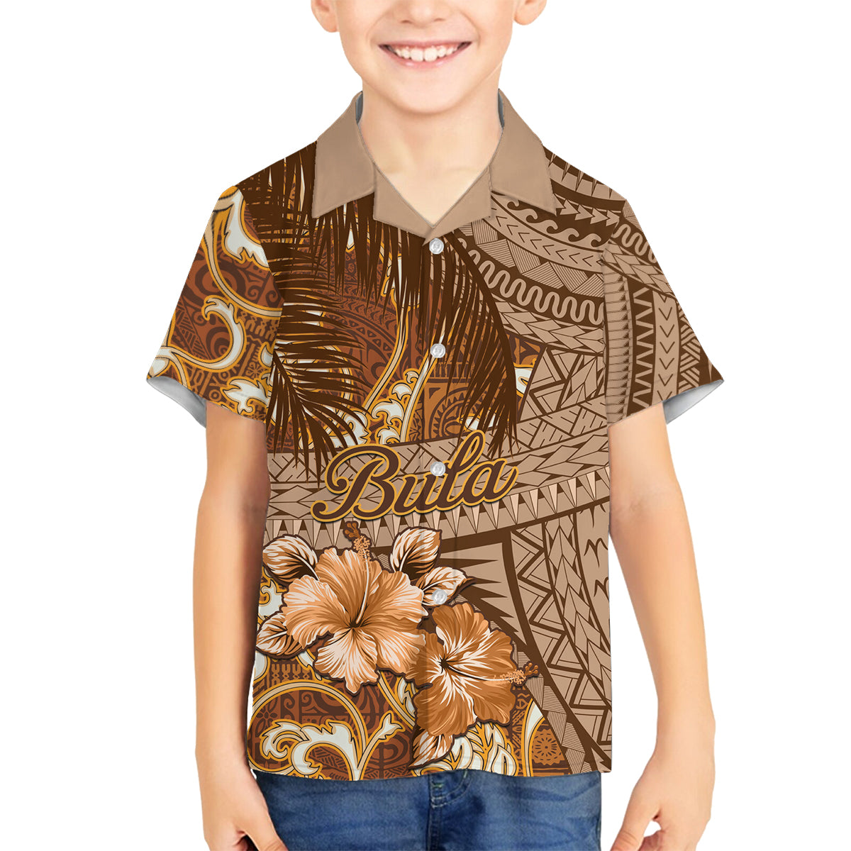 Personalised Fiji Masi Family Matching Long Sleeve Bodycon Dress and Hawaiian Shirt Bula Fijian Masi Tapa Vintage Style LT01 Son's Shirt Brown - Polynesian Pride