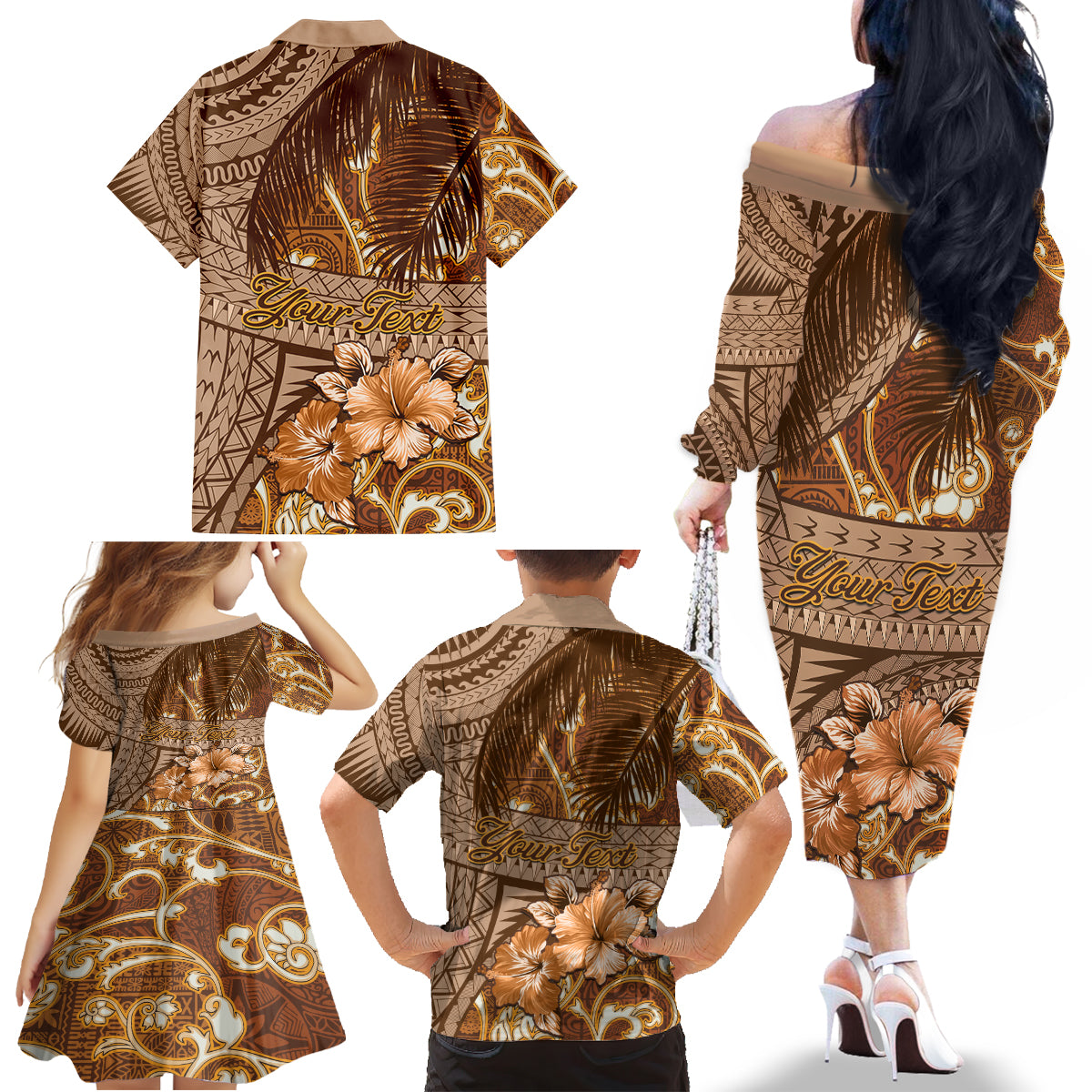 Personalised Fiji Masi Family Matching Off Shoulder Long Sleeve Dress and Hawaiian Shirt Bula Fijian Masi Tapa Vintage Style LT01 - Polynesian Pride