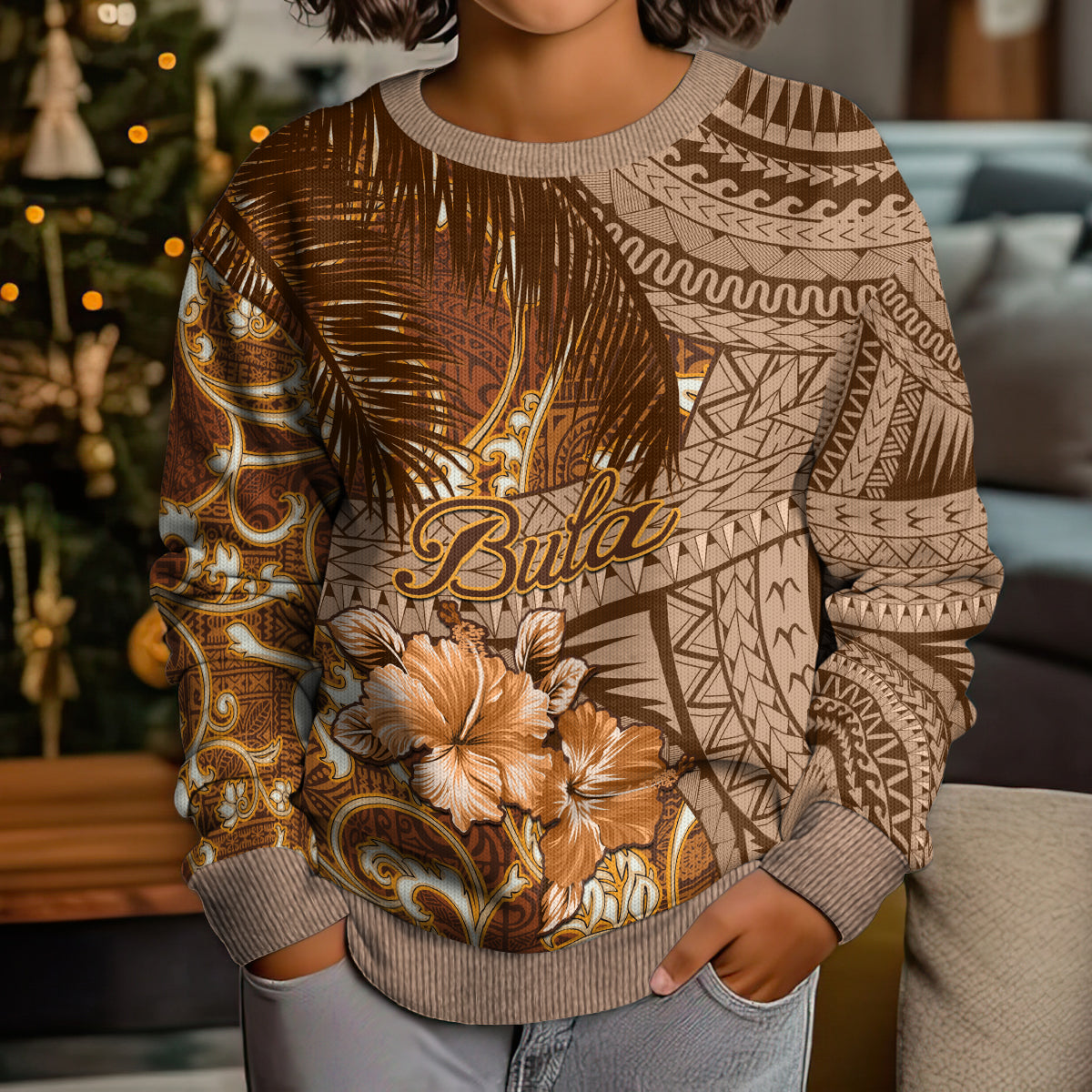 Personalised Fiji Masi Kid Ugly Christmas Sweater Bula Fijian Masi Tapa Vintage Style LT01 - Polynesian Pride