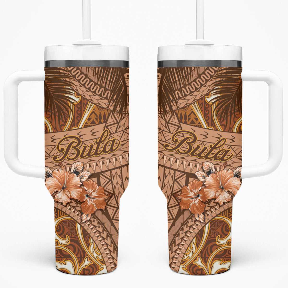 Personalised Fiji Masi Tumbler With Handle Bula Fijian Masi Tapa Vintage Style