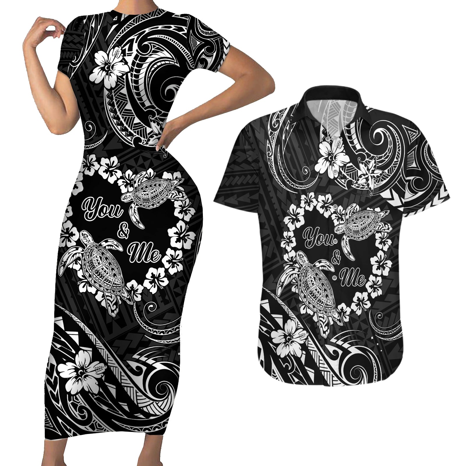 Polynesian Turtle Valentine Couples Matching Short Sleeve Bodycon Dress and Hawaiian Shirt You And Me Hibiscus Heart LT01 Black - Polynesian Pride