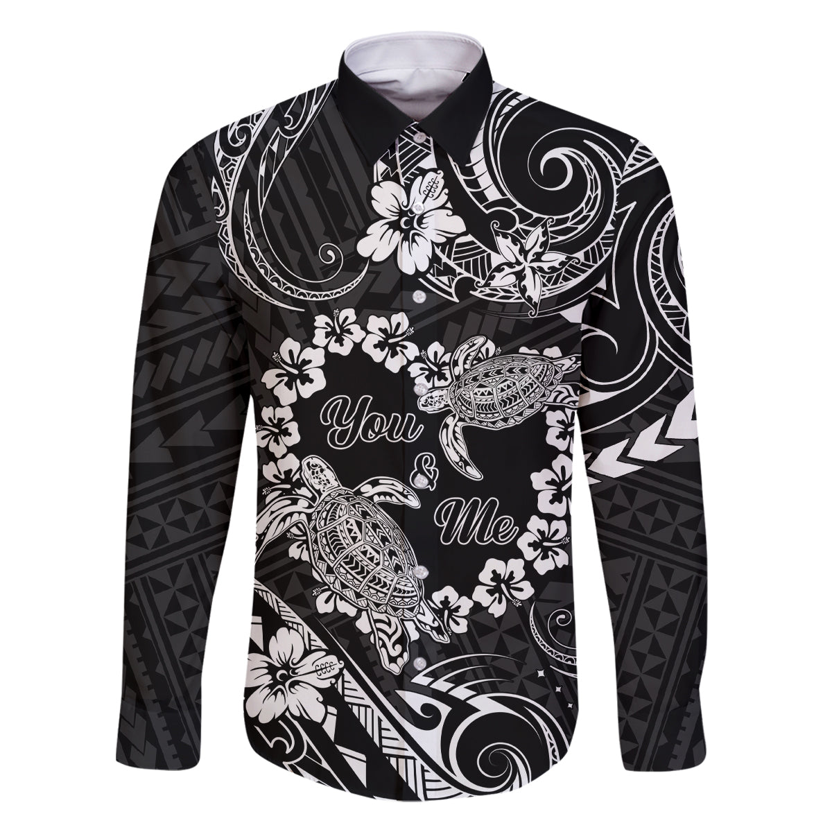 Polynesian Turtle Valentine Family Matching Off Shoulder Short Dress and Hawaiian Shirt You And Me Hibiscus Heart LT01 Dad's Shirt - Long Sleeve Black - Polynesian Pride