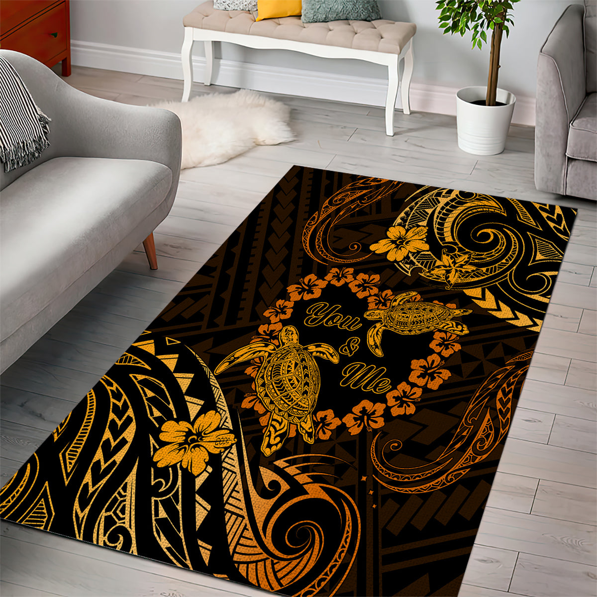 Polynesian Turtle Valentine Area Rug You And Me Gold Hibiscus Heart LT01 - Polynesian Pride