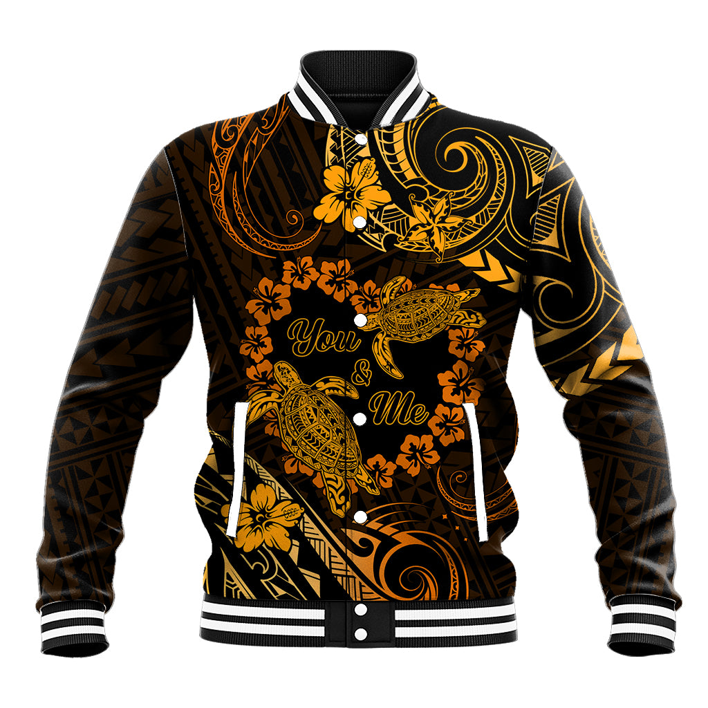 Polynesian Turtle Valentine Baseball Jacket You And Me Gold Hibiscus Heart LT01 Unisex Gold - Polynesian Pride