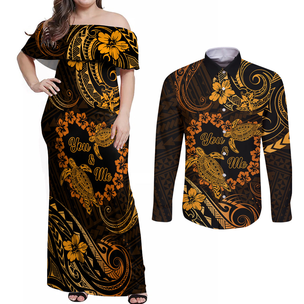 Polynesian Turtle Valentine Couples Matching Off Shoulder Maxi Dress and Long Sleeve Button Shirt You And Me Gold Hibiscus Heart LT01 Gold - Polynesian Pride