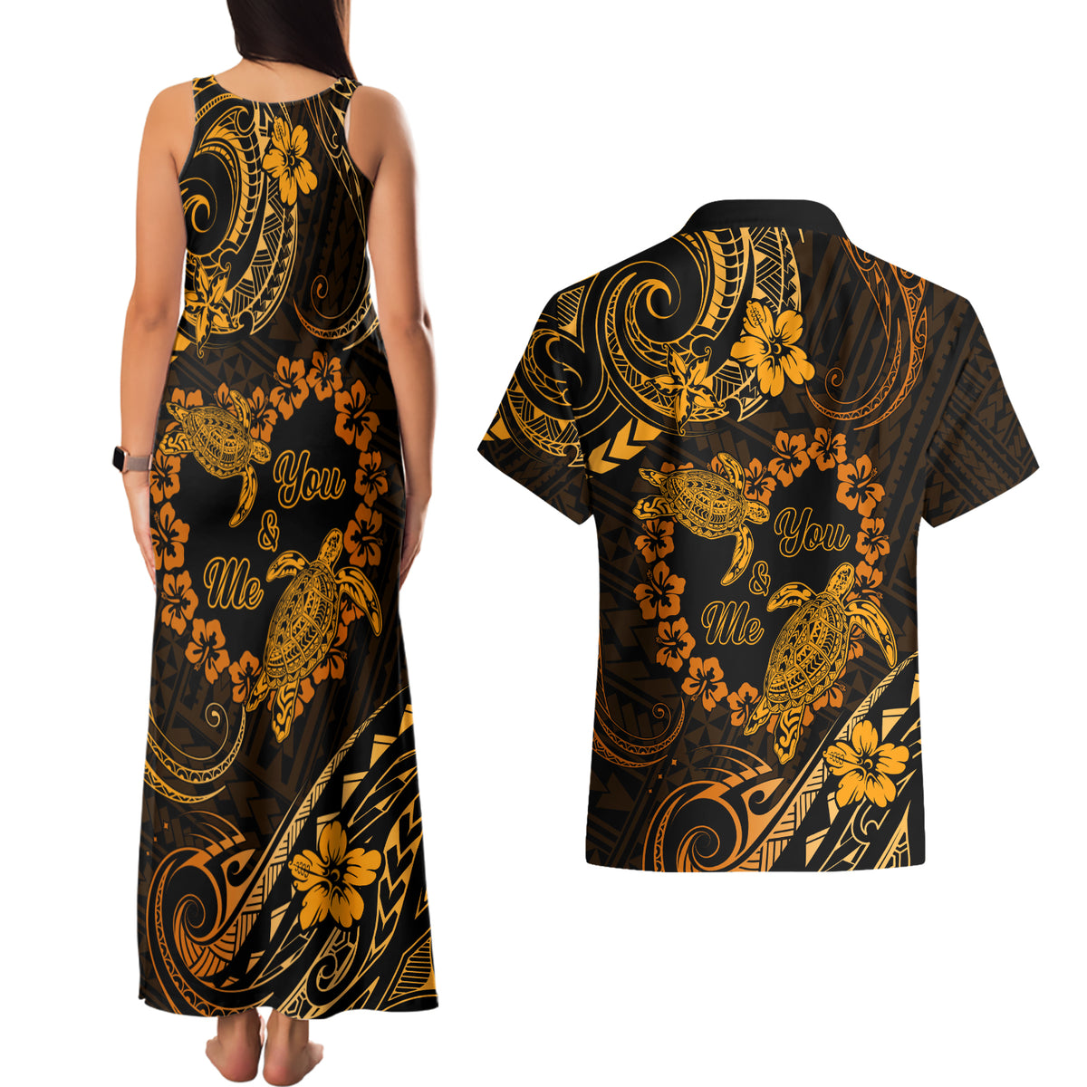 Polynesian Turtle Valentine Couples Matching Tank Maxi Dress and Hawaiian Shirt You And Me Gold Hibiscus Heart LT01 - Polynesian Pride