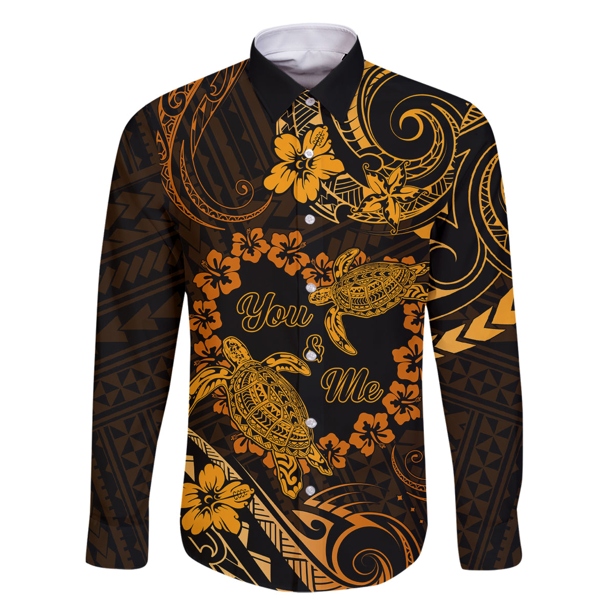 Polynesian Turtle Valentine Family Matching Tank Maxi Dress and Hawaiian Shirt You And Me Gold Hibiscus Heart LT01 Dad's Shirt - Long Sleeve Gold - Polynesian Pride