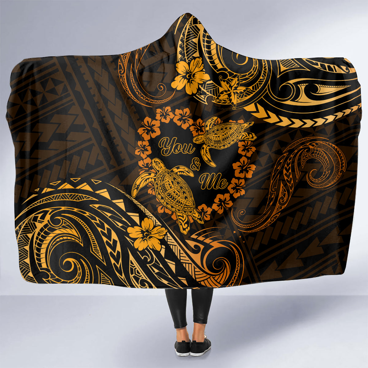Polynesian Turtle Valentine Hooded Blanket You And Me Gold Hibiscus Heart LT01 - Polynesian Pride